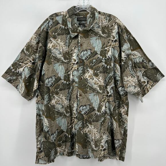 Vintage Van Heusen Hawaiin Leaf Green Brown Button Shirt XL XXL Boxy Fit - Picture 1 of 8